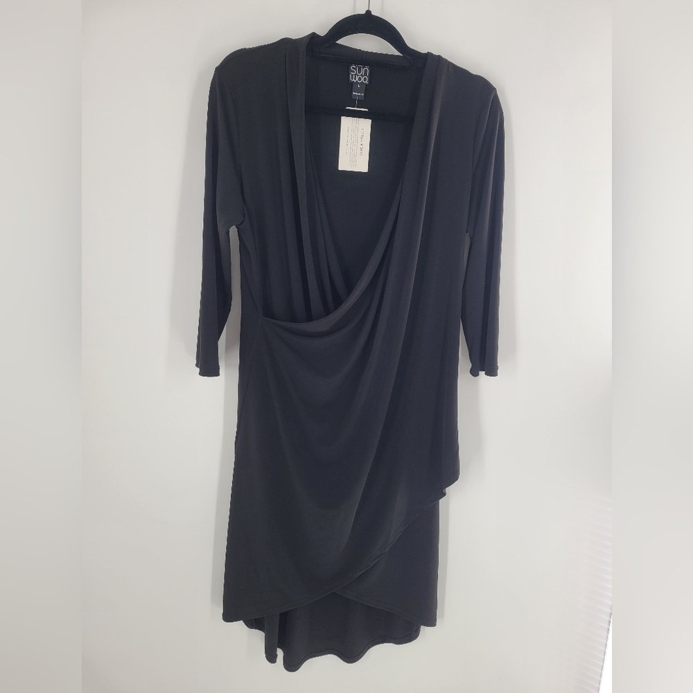 Clara Sun‎ Woo Women’s Faux Wrap Dress Size L Black 3/4 Sleeve Stretch